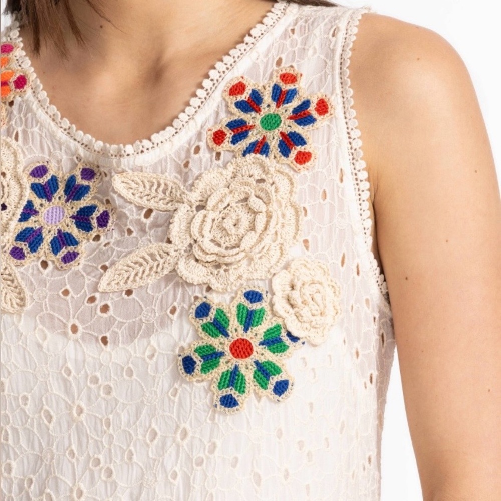 Johnny Was Nydia Cream eyelet Maxi Dress with Colorful crocheted Floral Accents
